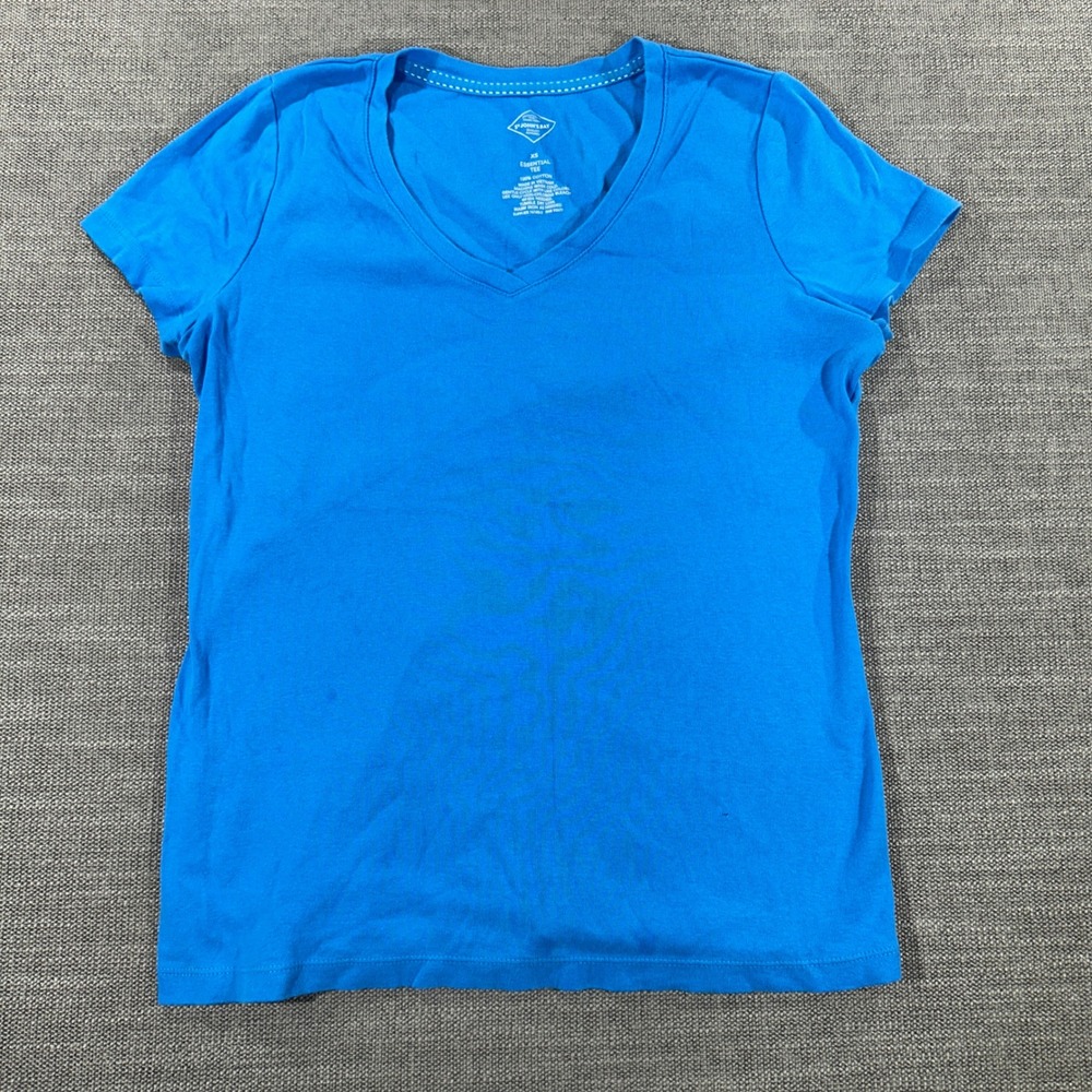 St John's Bay Essential Tee Women XS Blue Good V-Neck Cotton Short Sleeve